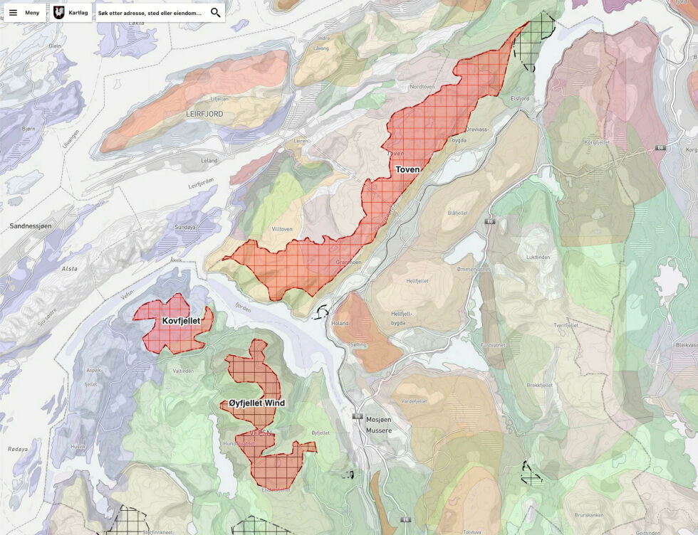 Kartet viser områdene som er båndlagt til vindkraft i Vefsn kommune. Det er foreslått å båndlegge et areal på 107 km² på Toven.
 Foto: Arealkart Vefsn kommune