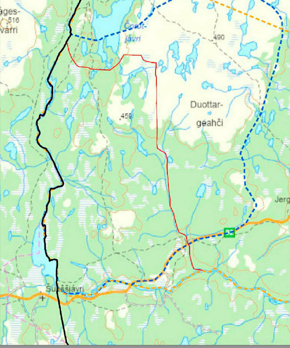 Det er i området nordøst for Šuošš­jáv­ri at Hárrevari siida ønsker å sette opp et 19 kilometer langt reingjerde for å sikre sine vinterbeiter.
 Foto: Skjermdump