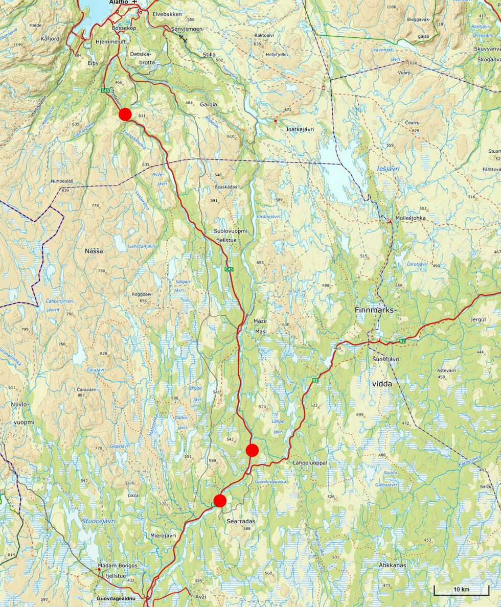 Til sammen er det gjort funn av 20 reinskinn i områdene Gievdneguoika, Eiby og Heammojavvi.
 Foto: Norgeskart/Politiet