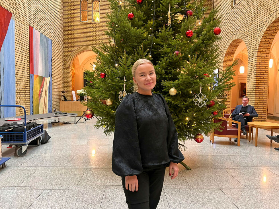 Agnete Masternes Hanssen foran juletreet på Stortinget. Også politikere feirer jul.
 Foto: Privat