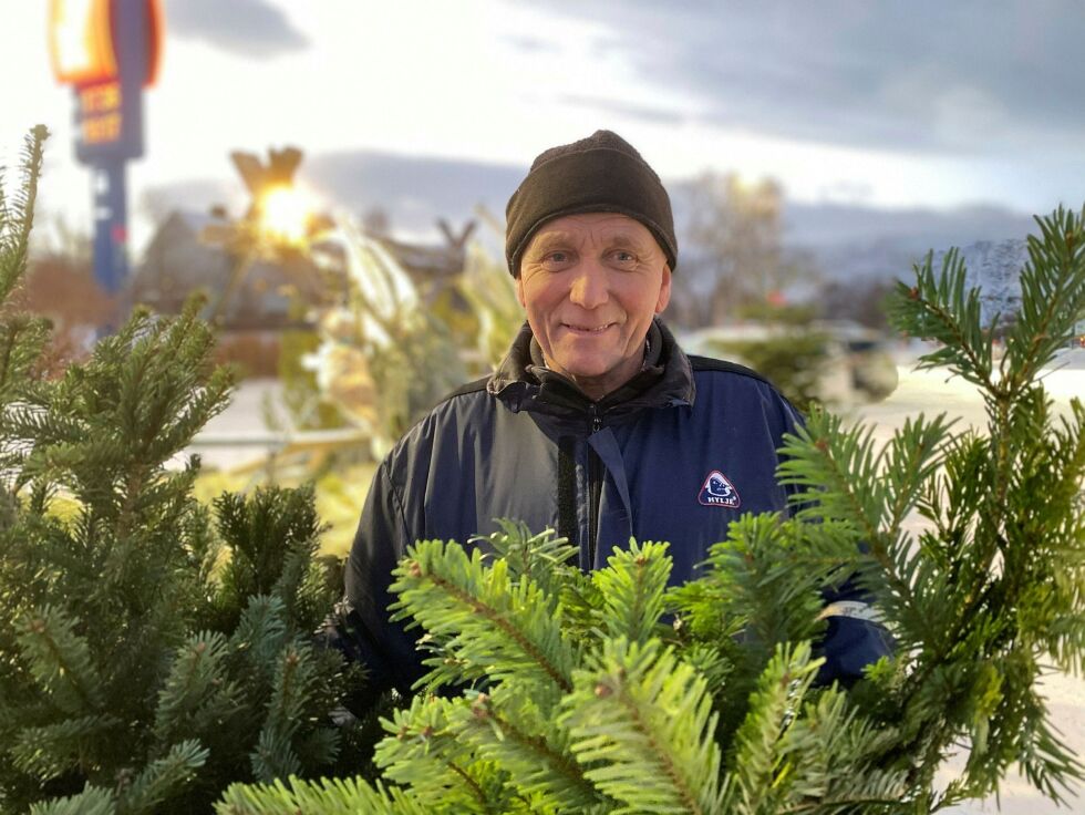 Du finner han i en skog av trær, juletre-mannen i Lakselv.
 Foto: Roger Albrigtsen