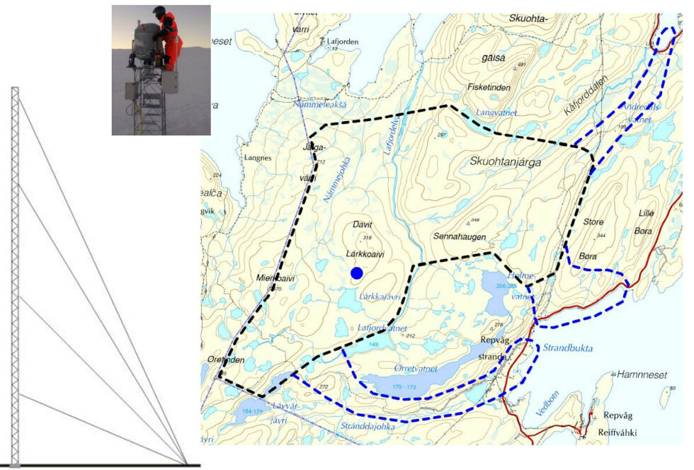 Vindmålere og LIDAR skal dekke et stort område.
 Foto: Skjermdump av søknaden fra Fortum Nordkraft vind