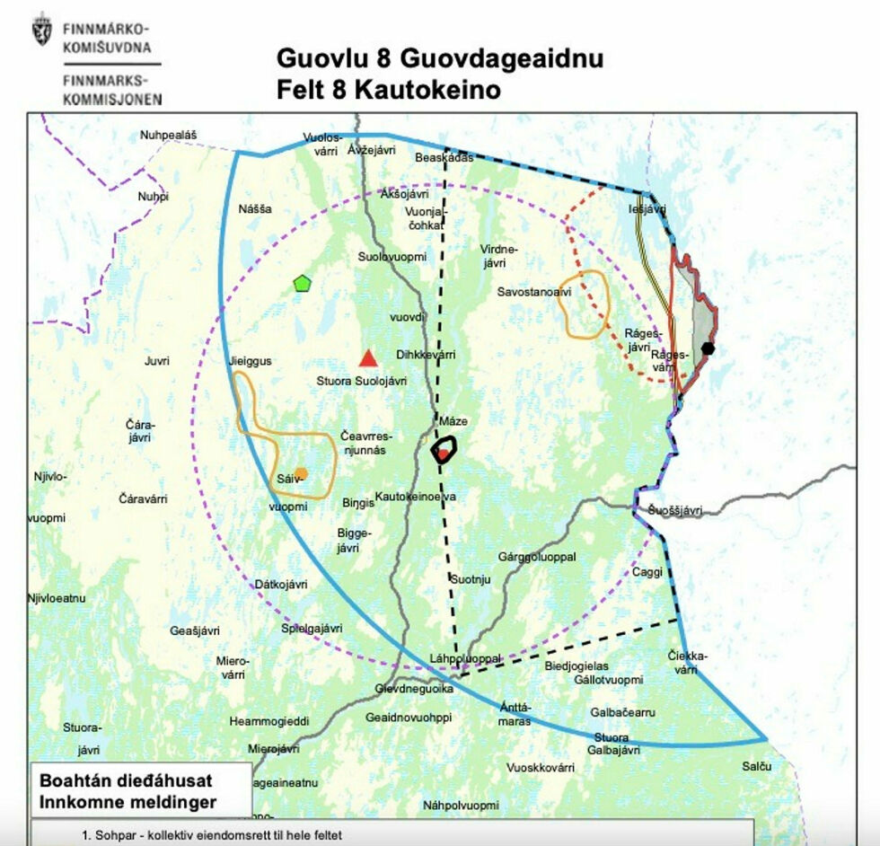 Finnmarkskommisjonen starter for fullt prosessen med å kartlegge rettigheter i Kautokeino. På dette kartet har kommisjonen merket av 11 av de 49 kravmeldingene, blant annet fra kommunedirektør Karin Hætta, og kommunestyremedlem Ellen Inga Kristine Hætta (FrP).
 Foto: Finnmarkskommisjonen