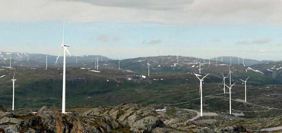 Industriområdet på Øyfjellet ved Mosjøen i Vefsn kommune er på cirka 55 km² med 72 turbiner. Dette er en illustrasjon fra konsesjonssøknaden.
 Foto: Alcoa
