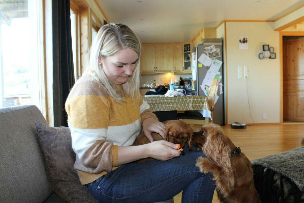 Oppdretter Ann Kristin Olaussen fra Kennel Ishavet med Topsy på fanget før avreise til Bugøynes. Topsys mamma Pia, vasker datteren sin for siste gang.