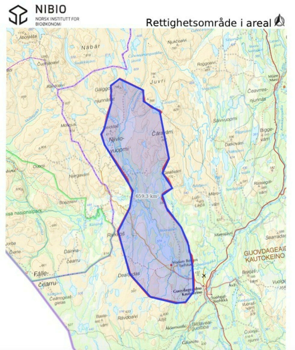 Finnmarkskommisjonen har fått melding om rettighetskrav på vegne av folk med røtter i Stuorajávri-området i Kautokeino, som omfatter bygdene Soahtefielbmá, Goaskinnjavvi og Čunovuohppi. Ved kravet er det lagt ved kart over området.
 Foto: Skjermdump